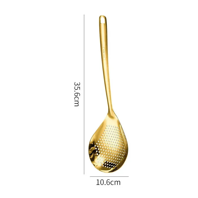A golden stainless steel hot pot colander spoon with a handle and perforated bowl.