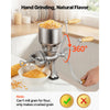 A manual hand-crank grain mill is shown grinding grain, demonstrating 360 degree rotation.
