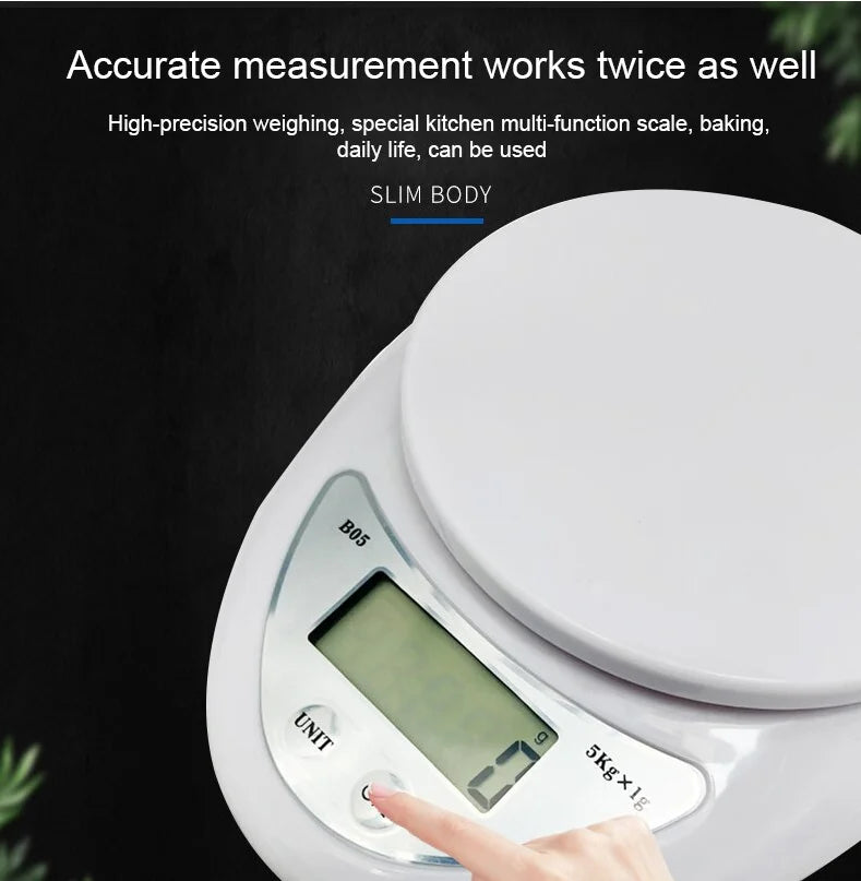 A hand is placing a finger on the display of a white digital kitchen scale with a weighing unit visible.