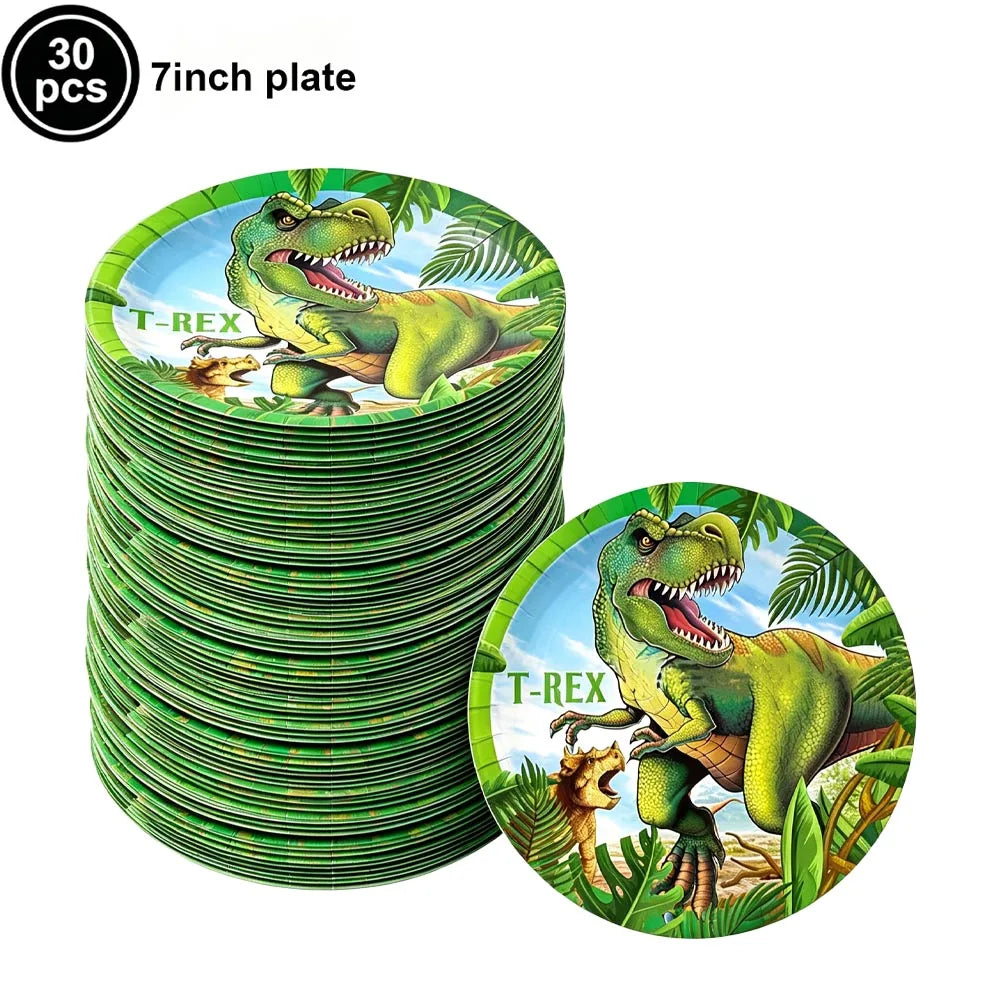 A stack of 30 dinosaur-themed 7 inch plates featuring a T-Rex design.