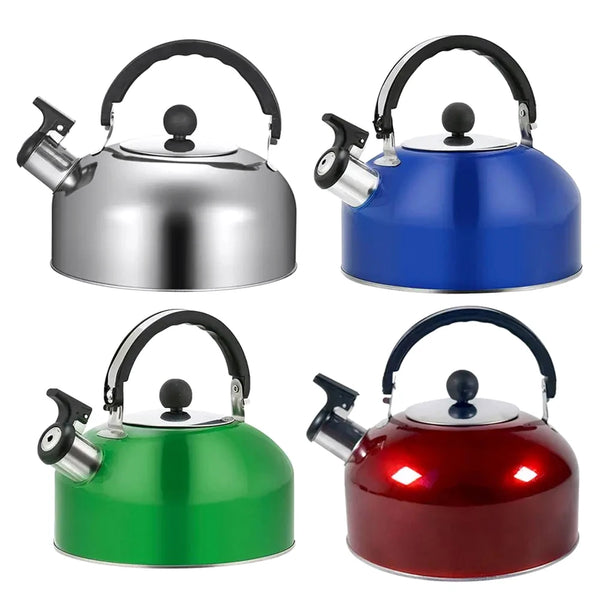 A set of four whistling camping teapots in stainless steel, blue, green, and red.