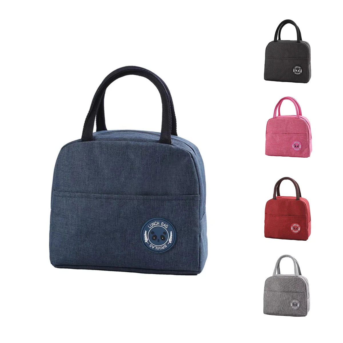 A set of four navy blue insulated bento lunch bags with black handles and silver accents.