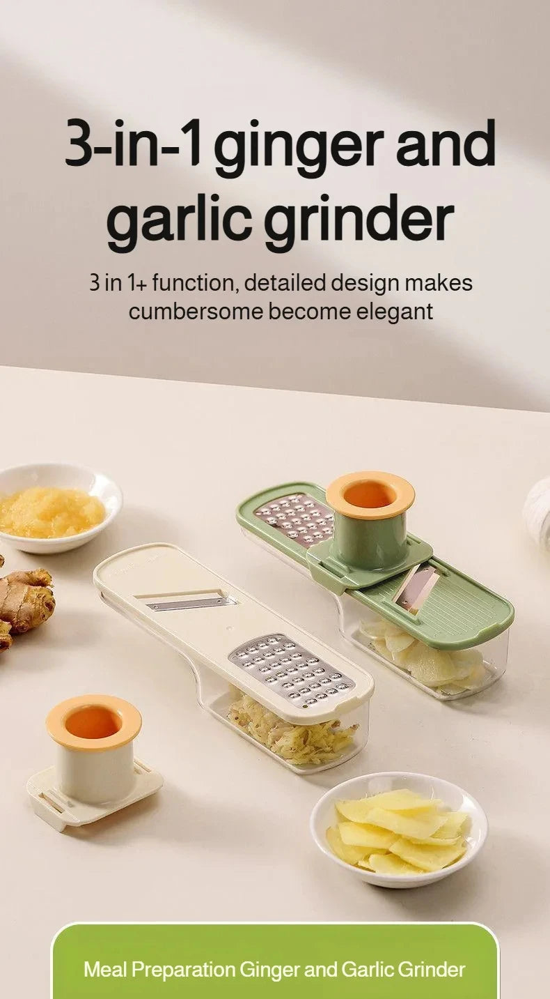 A 3-in-1 grinder for ginger and garlic showing various parts and grated ingredients on a light surface.