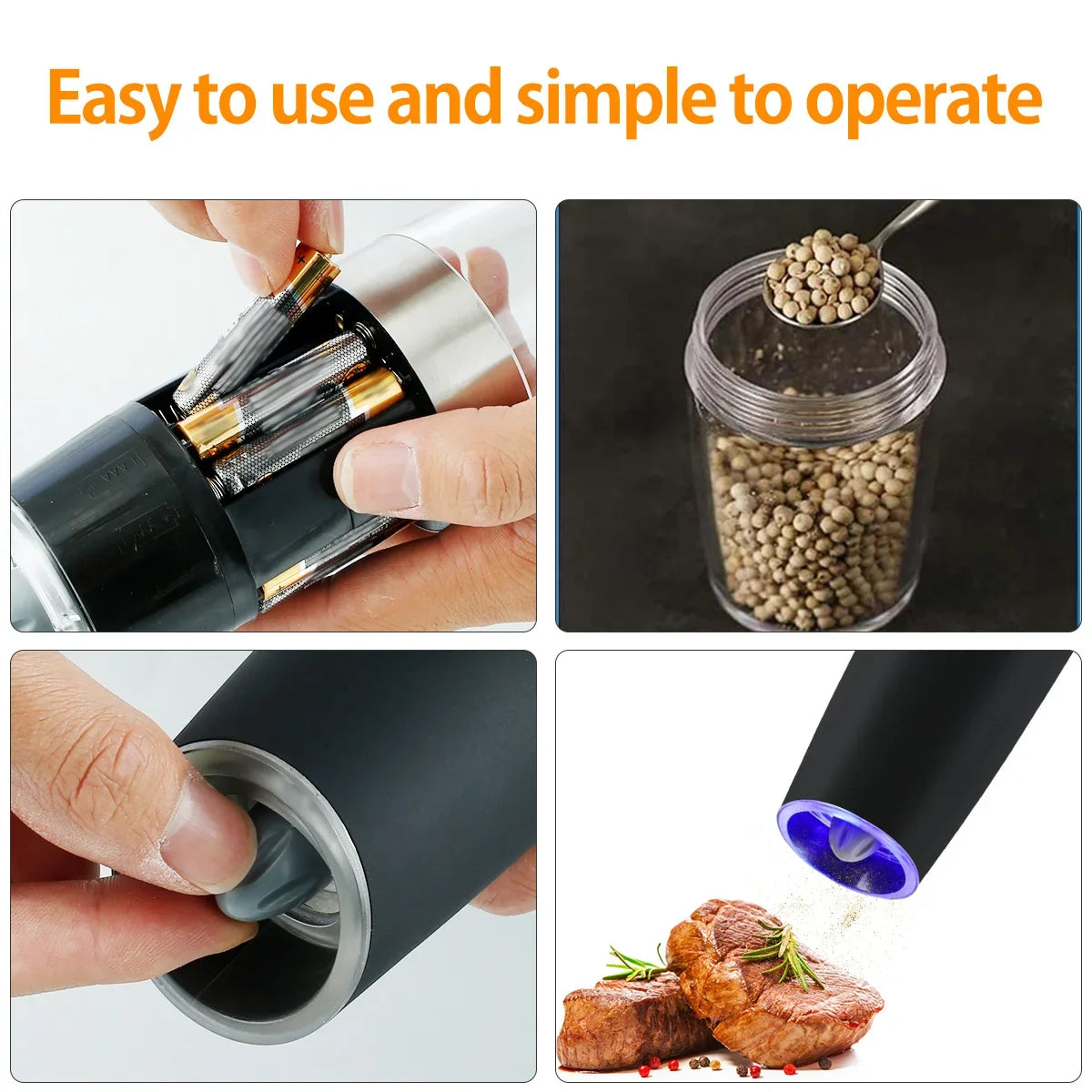 Close-up shots showing the operation of an electric automatic spice and salt grinder, including filling, grinding, and dispen