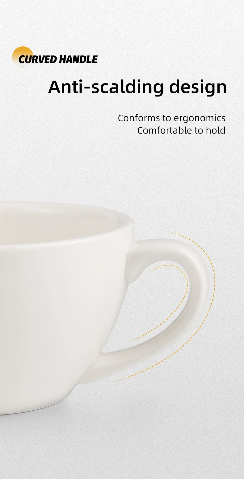 A white ceramic latte cup with a curved handle is shown against a light background.