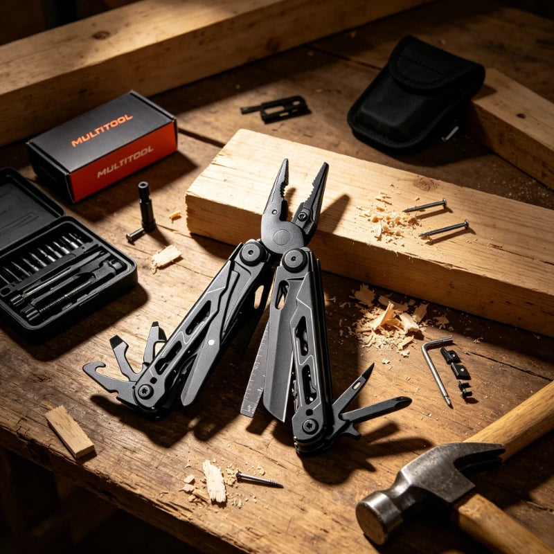 A set of black stainless steel folding pliers and tools resting on a wooden surface.