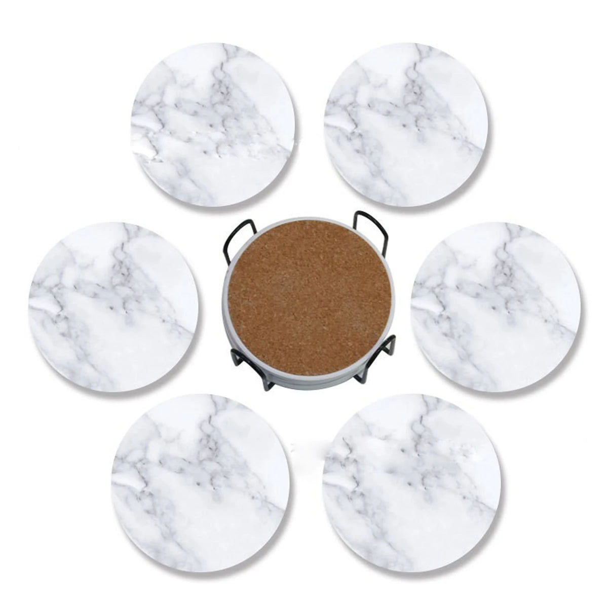 A set of six round marble style acrylic coasters with natural stone texture.
