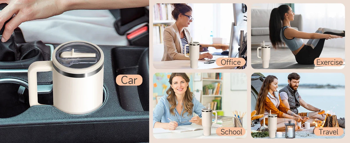 A collection of Stanley tumblers in various colors and contexts including office, exercise, school, car, and travel.