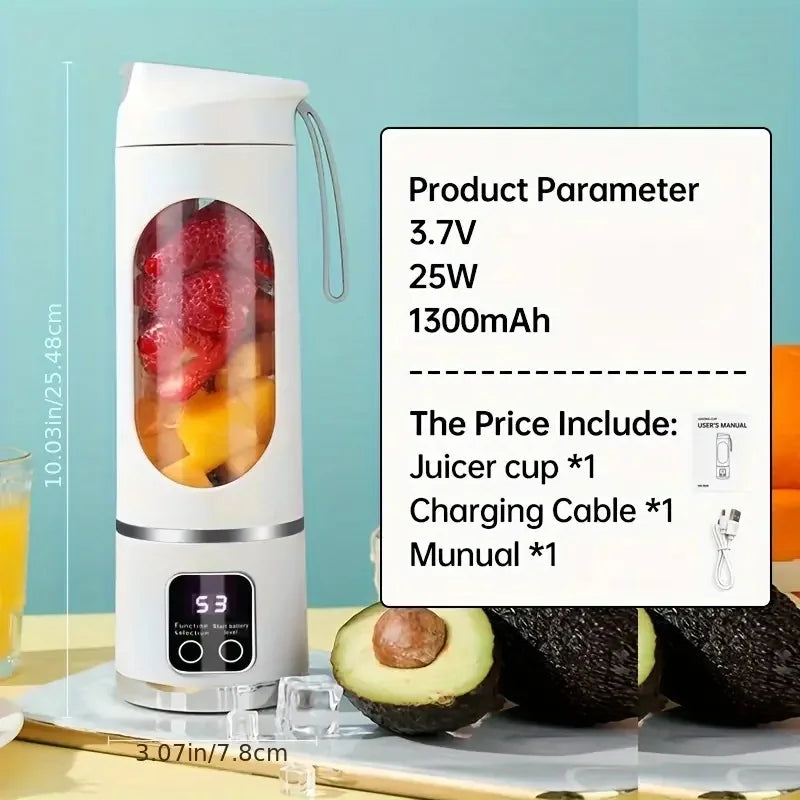 A white portable handheld juicer blender with a juice cup and charging cable displayed on a cutting board.