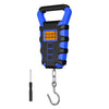 A black digital hanging scale with a blue housing and a metal hook.