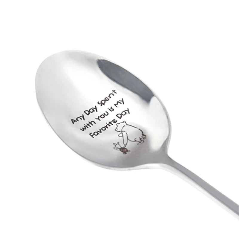 A silver stainless steel spoon engraved with the message Any Day spent with you is my Favorite Day