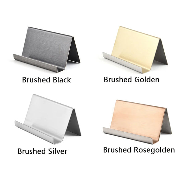 Four brushed metal card holder display stands in black, golden, silver, and rosegold finishes.