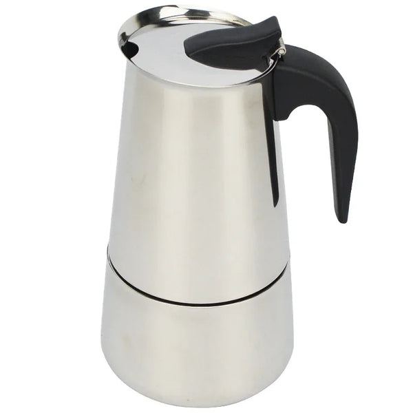 Edler Edelstahl-Moka-Kaffeemaschine mit schwarzem Henkel.