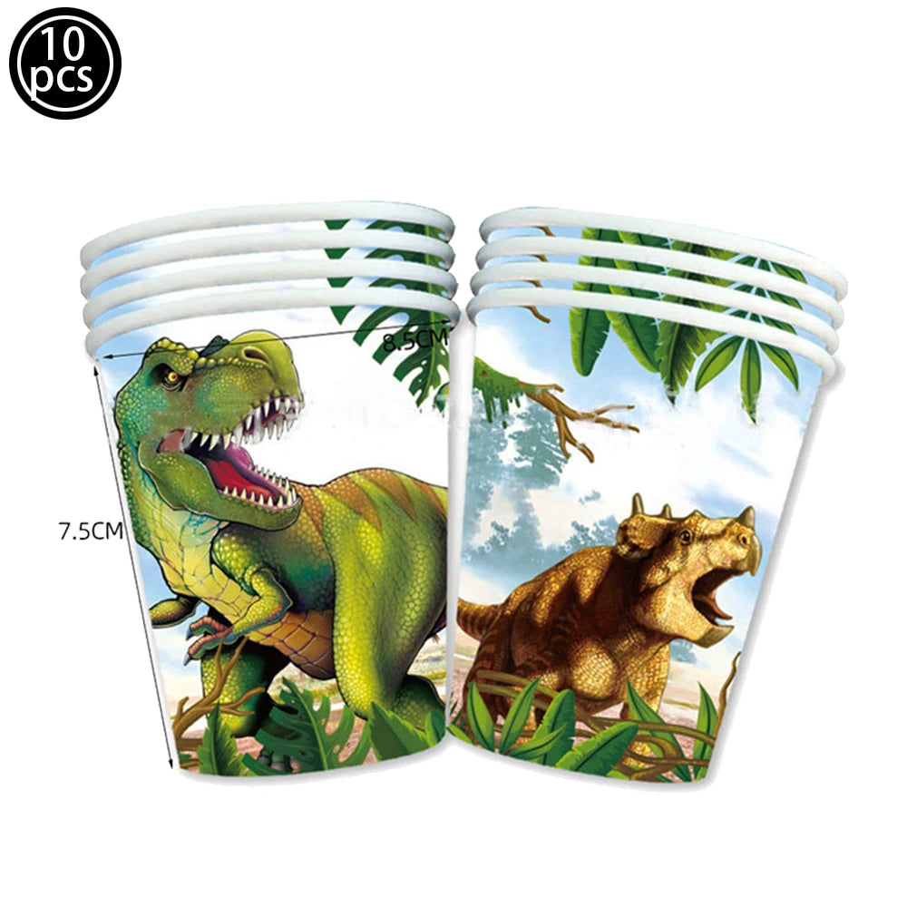 A set of ten dinosaur-themed cups or toppers featuring a green dinosaur and a brown dinosaur against a tropical background.