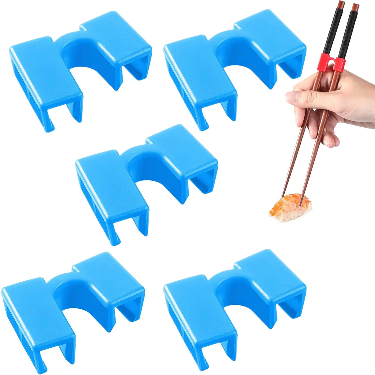 Blue reusable chopstick helpers shown in various angles and contexts for easy learning