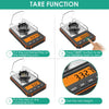 Instructions showing how to use a tare function on a digital scale for weighing small items.