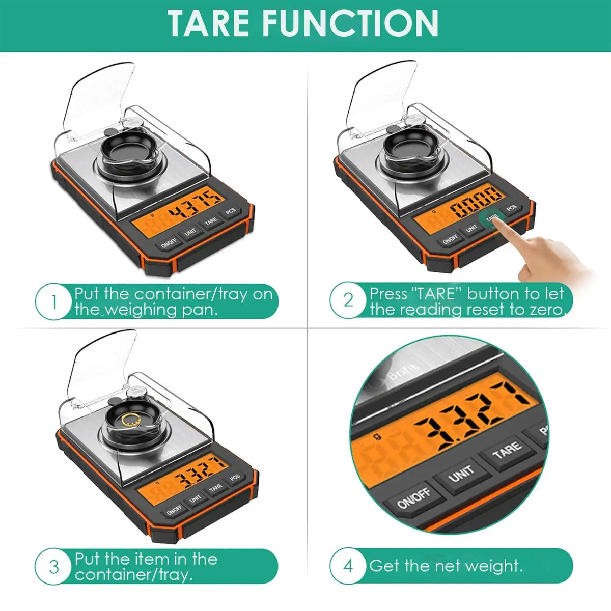 Instructions showing how to use a tare function on a digital scale for weighing small items.