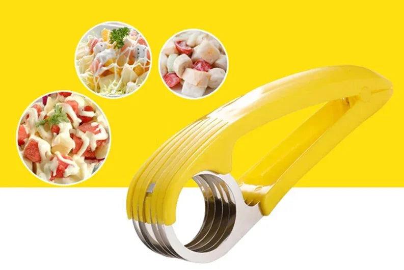Yellow manual vegetable slicer tool shown with sliced fruit and vegetable samples on a yellow background.