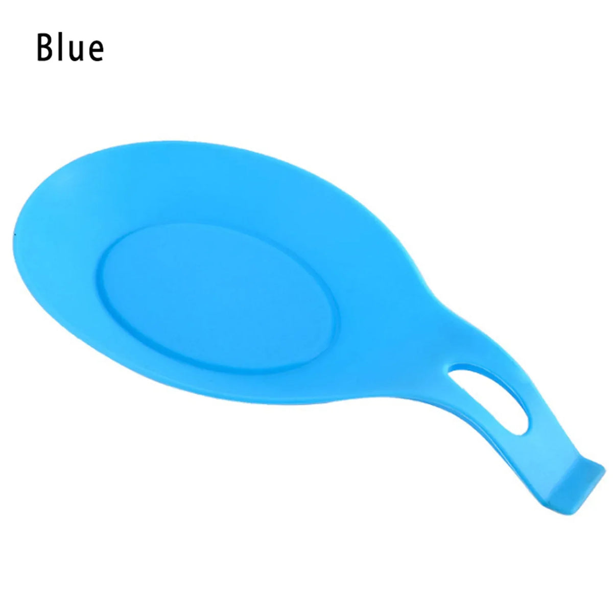 A bright blue silicone spatula or utensil holder with a curved handle.