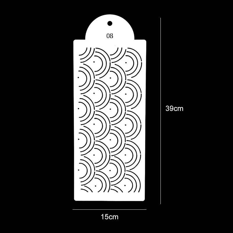 A white plastic cake stencil set with a numbered top and a decorative pattern, shown against a black background.
