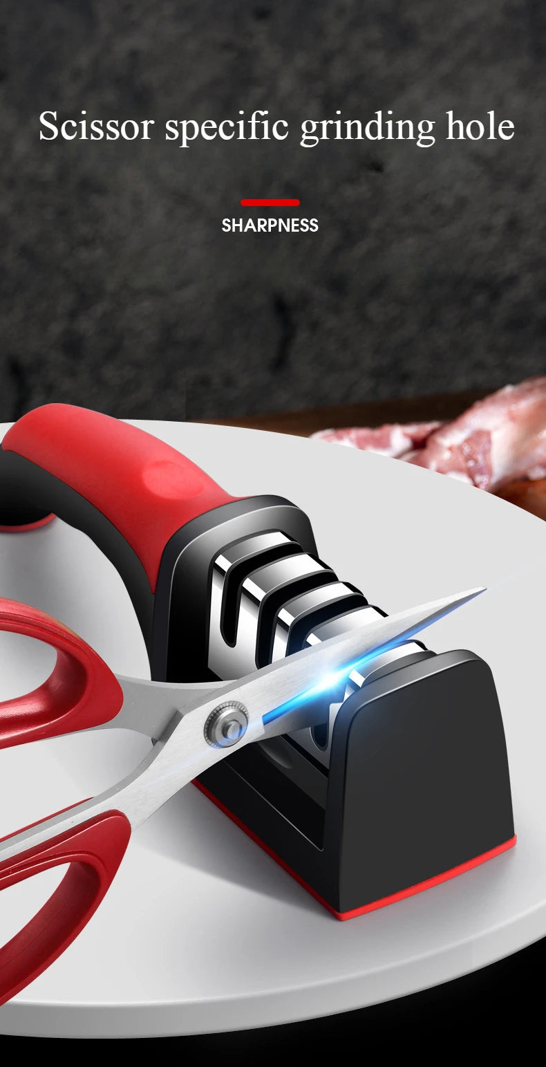 A red and silver scissor specific grinding hole is shown on a white plate, demonstrating sharpness.