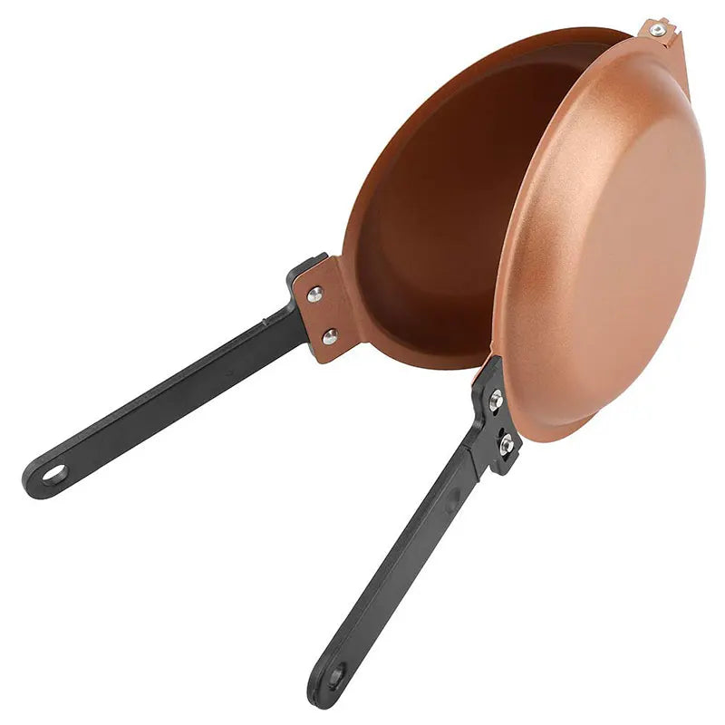 A double-sided non-stick ceramic frying pan with a copper-toned surface and black handle.