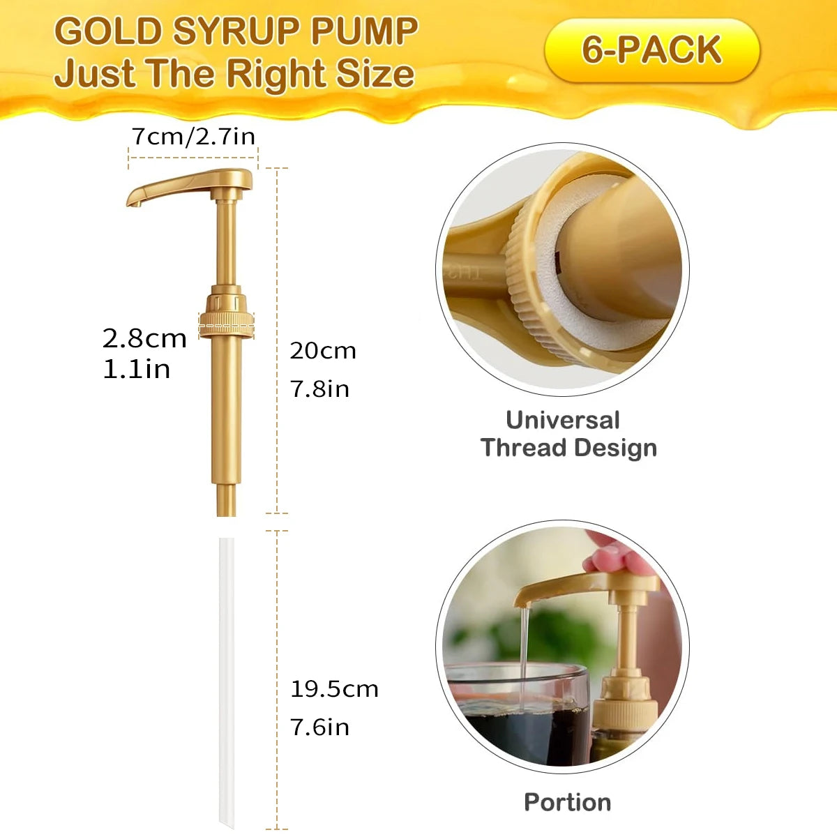 A gold syrup pump dispenser shown with various sizes and a portion of liquid being dispensed.
