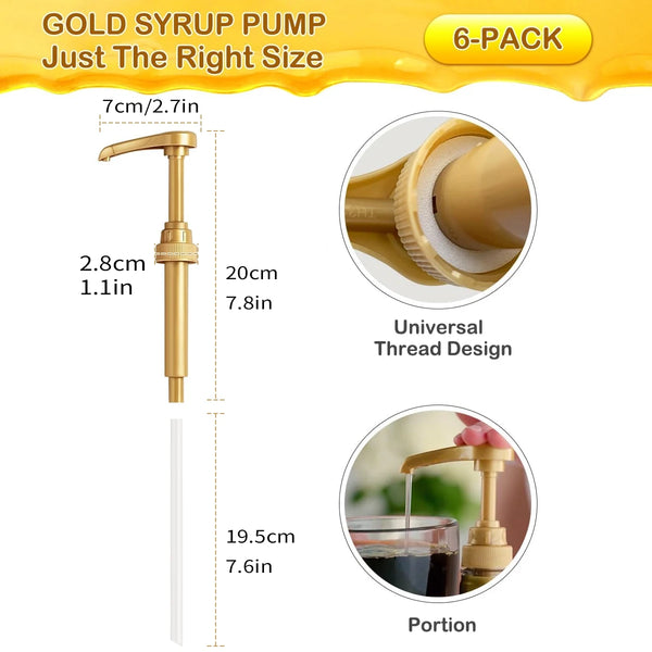 Gold-Sirup-Pumpspender mit verschiedenen Größen und einem abgegebenen Flüssigkeitsportion.