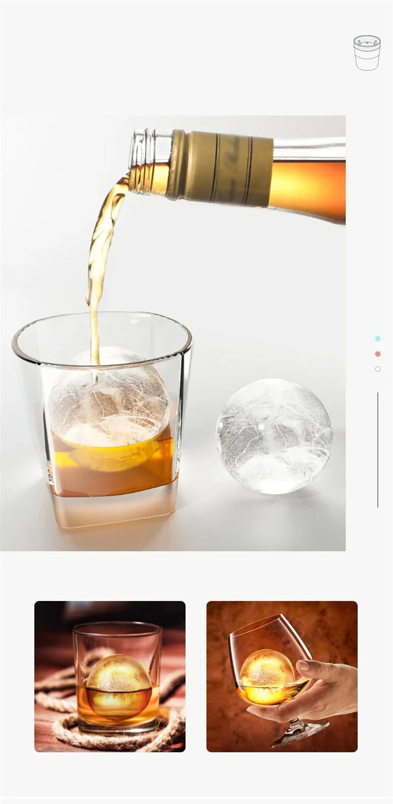 A golden liquid is being poured from a glass bottle into a glass, with a spherical ice mold nearby.