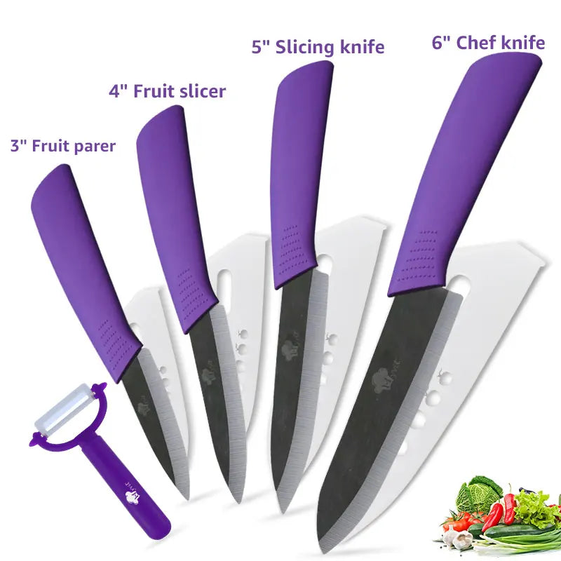 Ensemble de couteaux de cuisine en céramique violet, incluant un économe à fruits de 7,6 cm et un couteau à trancher de 15 cm