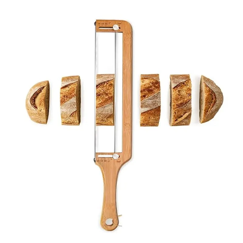 A wooden bread slicer with multiple slots for slicing bread.