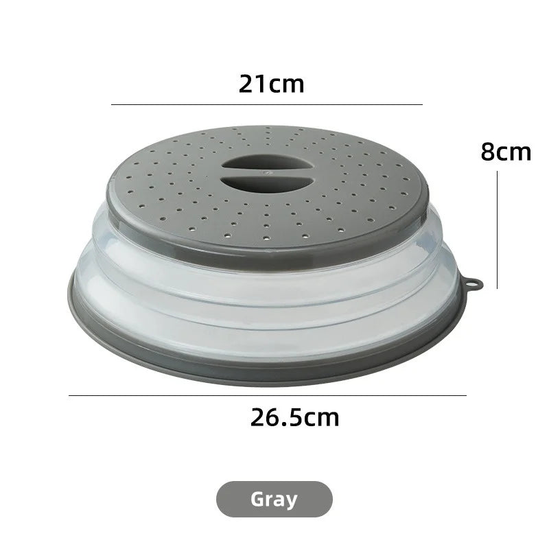 Tapa y protector anti-salpicaduras de microondas gris de 2 en 1 con parte superior y borde perforados.