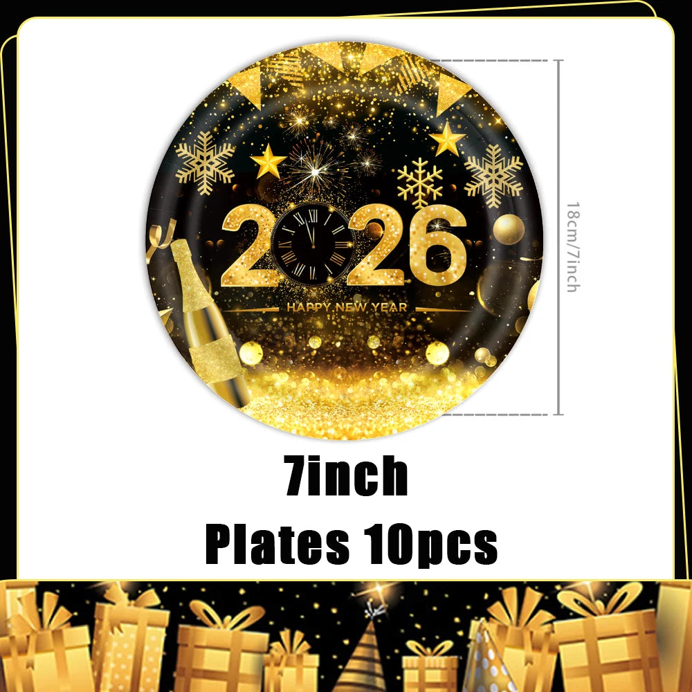 A set of 10 gold glitter plates decorated with snowflakes and the year 2026 for a New Year celebration.