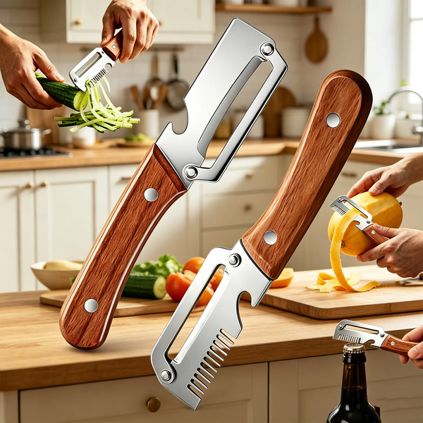 Edelstahl-Gemüsehobel mit Holzgriff, der Zucchini und Gemüse schält