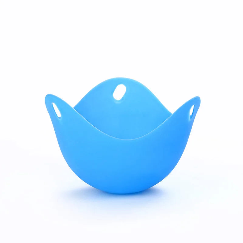 A bright blue silicone egg poacher mold or cup, shown from above.