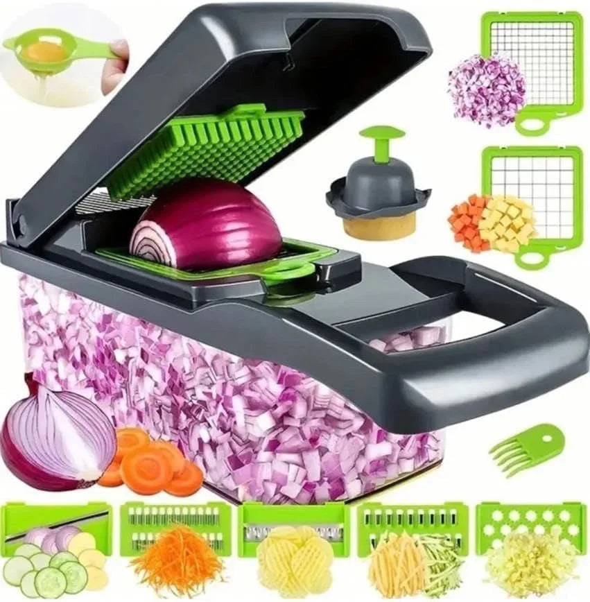 A black multifunctional vegetable chopper and slicer with various green and yellow inserts for preparing vegetables.