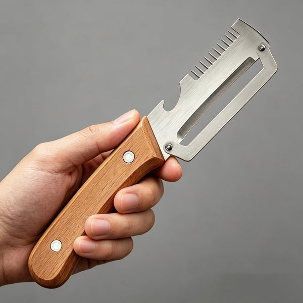 A hand holds an ergonomic wooden vegetable peeler with a silver blade against a gray background.
