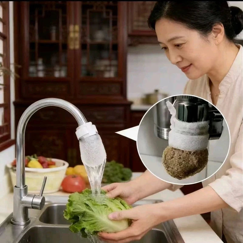 امرأة تستخدم مصفاة ماء على شكل جورب لتصفية المياه في حوض المطبخ.