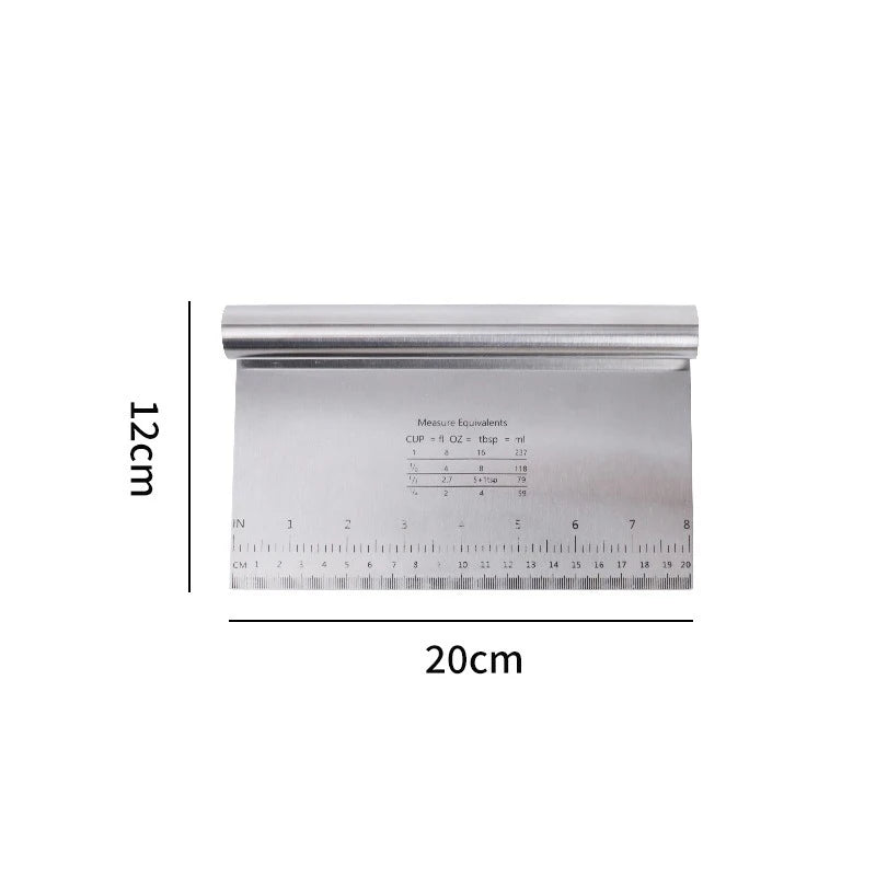Stainless steel cake scraper and dough cutter with a measuring scale shown against a white background.