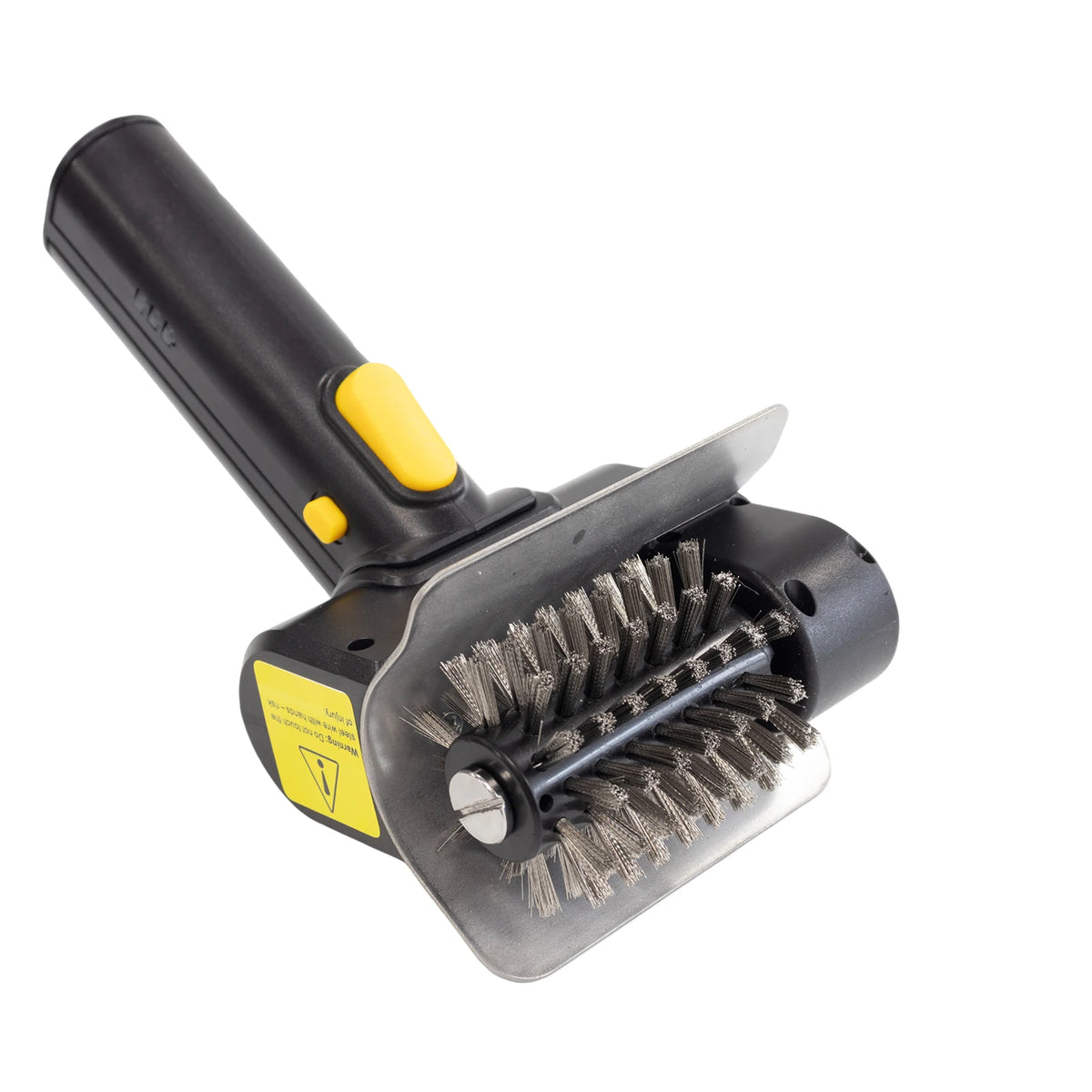 A black and yellow rechargeable electric BBQ cleaning brush with a rotating bristle head.