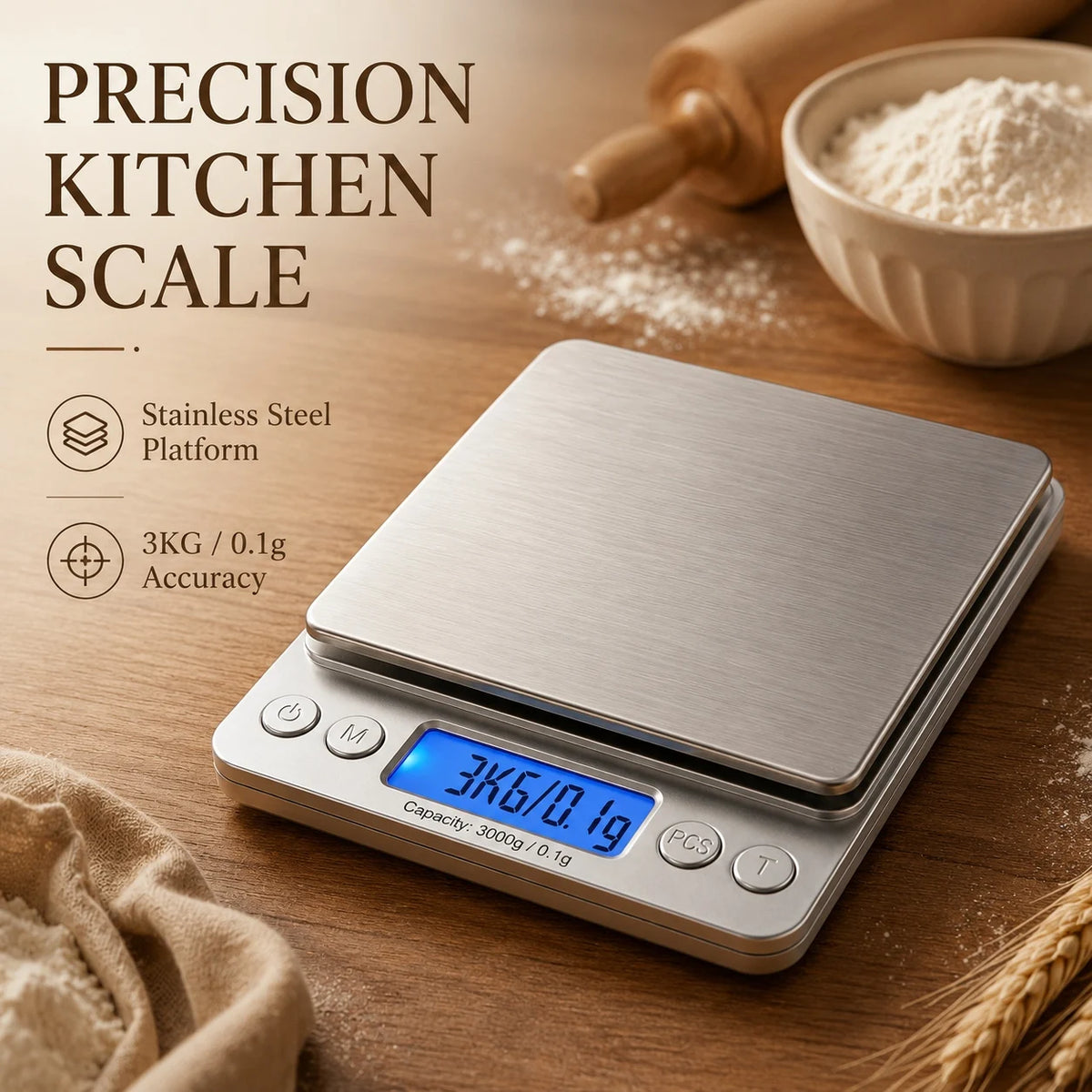 A silver precision kitchen scale with a digital display is shown on a wooden surface next to flour and wheat.