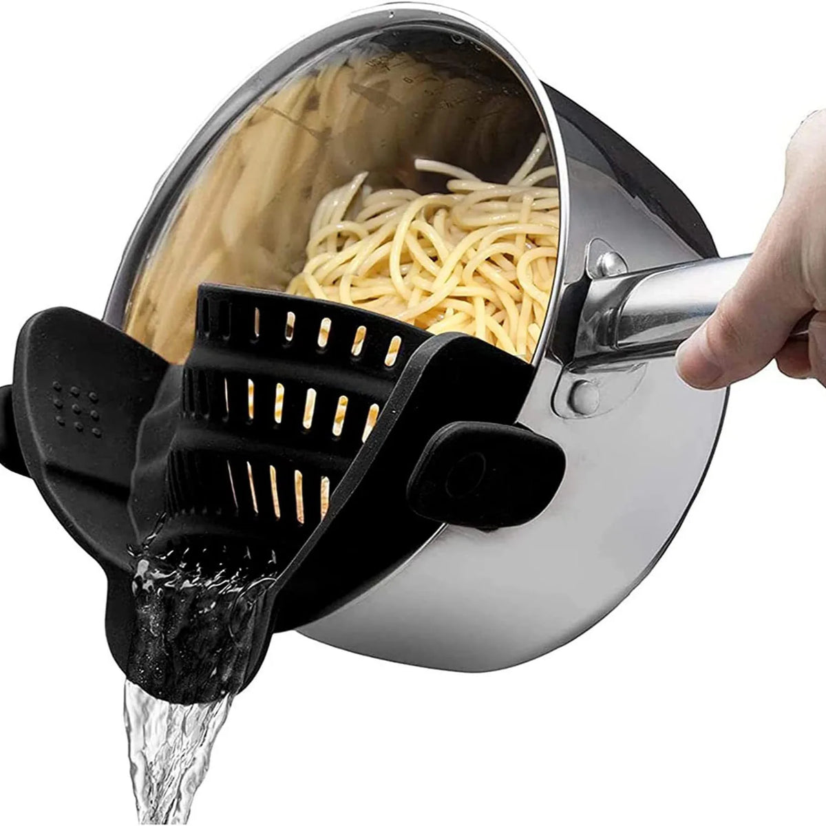 A hand is pouring water through an adjustable silicone clip-on strainer into a pot of cooked pasta.