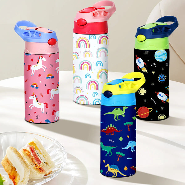 A set of five colorful insulated stainless steel water bottles featuring various cartoon designs and lids.