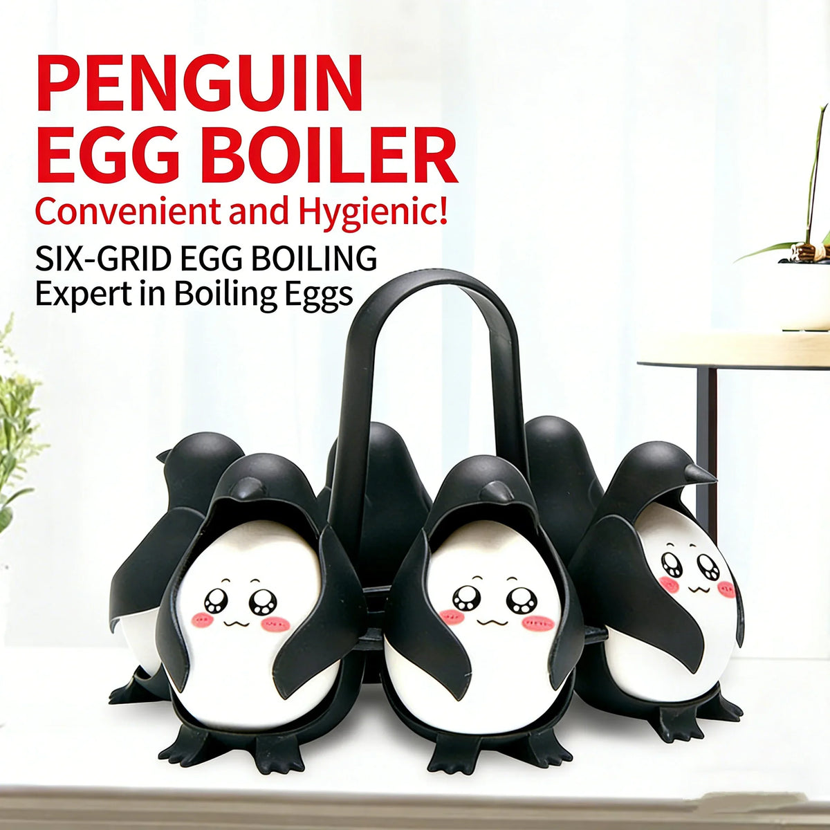 A set of black penguin egg boilers with white eggs displayed on a white surface.