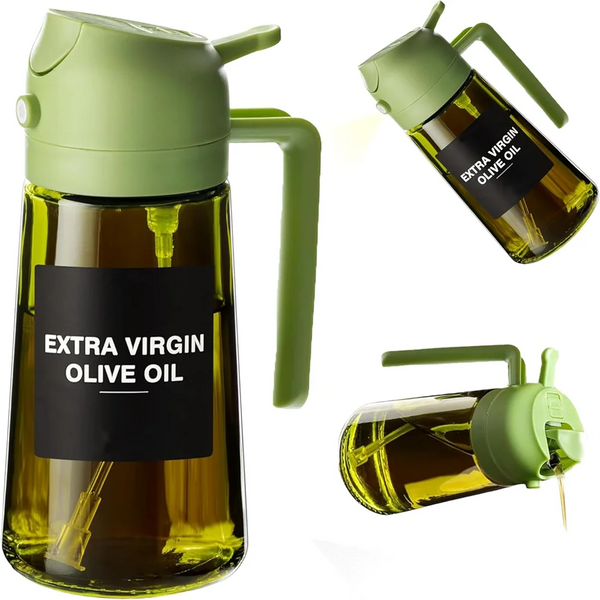 Glas-Öl-Sprühflasche mit Olivenöl, verschiedene Blickwinkel.