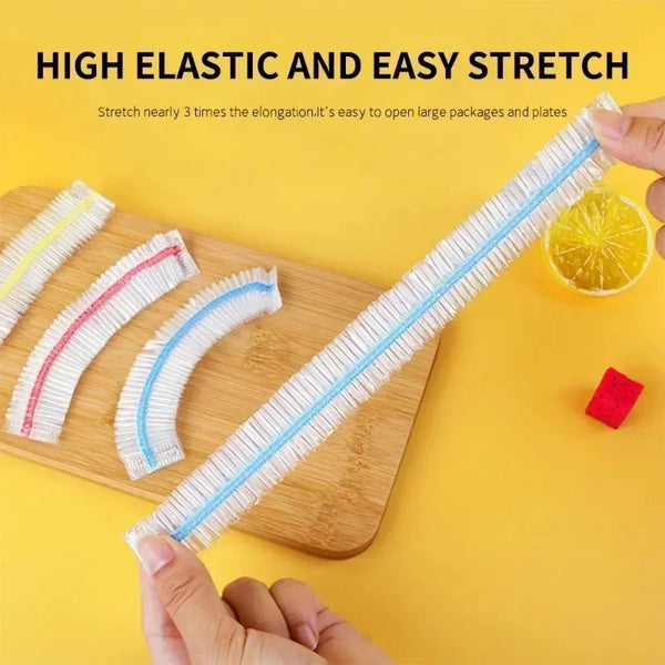 A close-up of a white and blue elastic stretch strap product laid on a wooden board with citrus fruit and a red square.