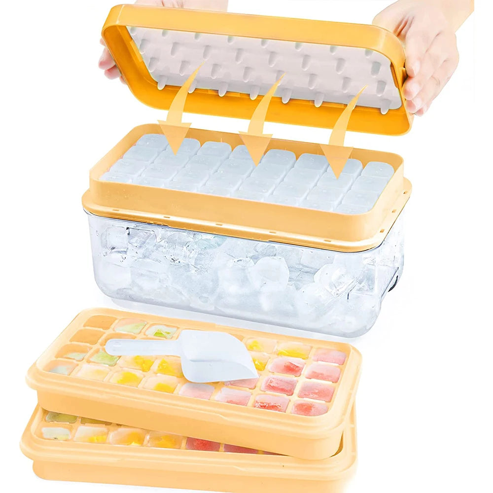 A stackable silicone ice cube tray set with a storage bin and an ice cube is shown being held above the trays.