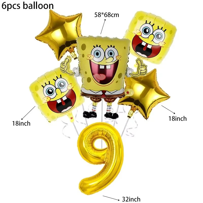 A set of six yellow and gold SpongeBob themed balloons, including star shapes and a number nine balloon.