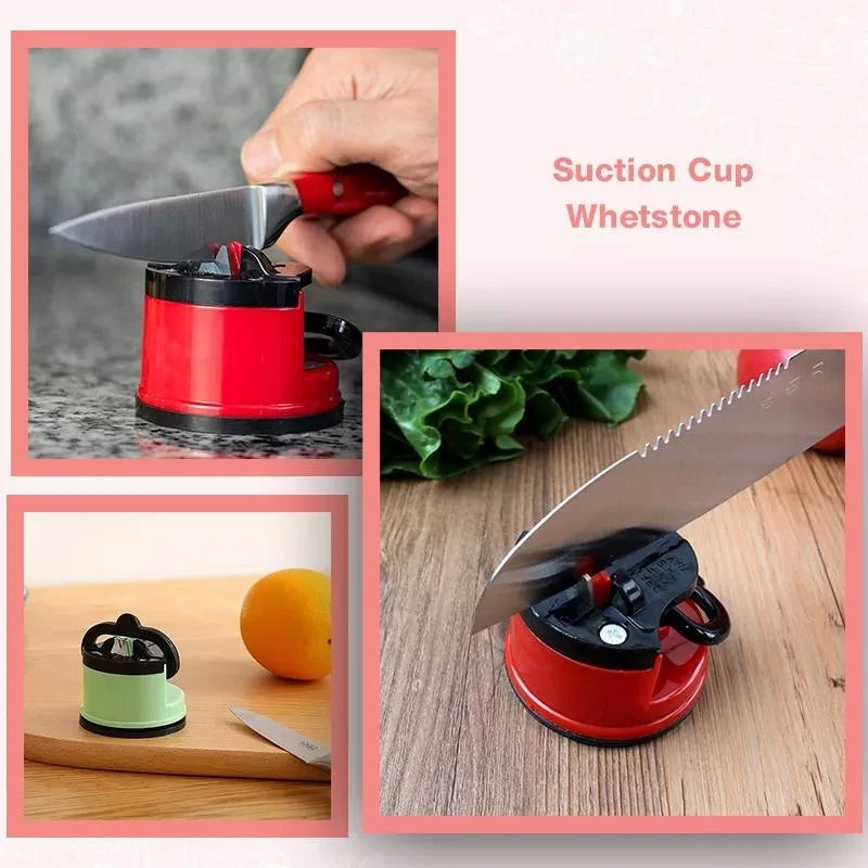 A red suction cup whetstone is shown with a knife and a small tool on a wooden cutting board.