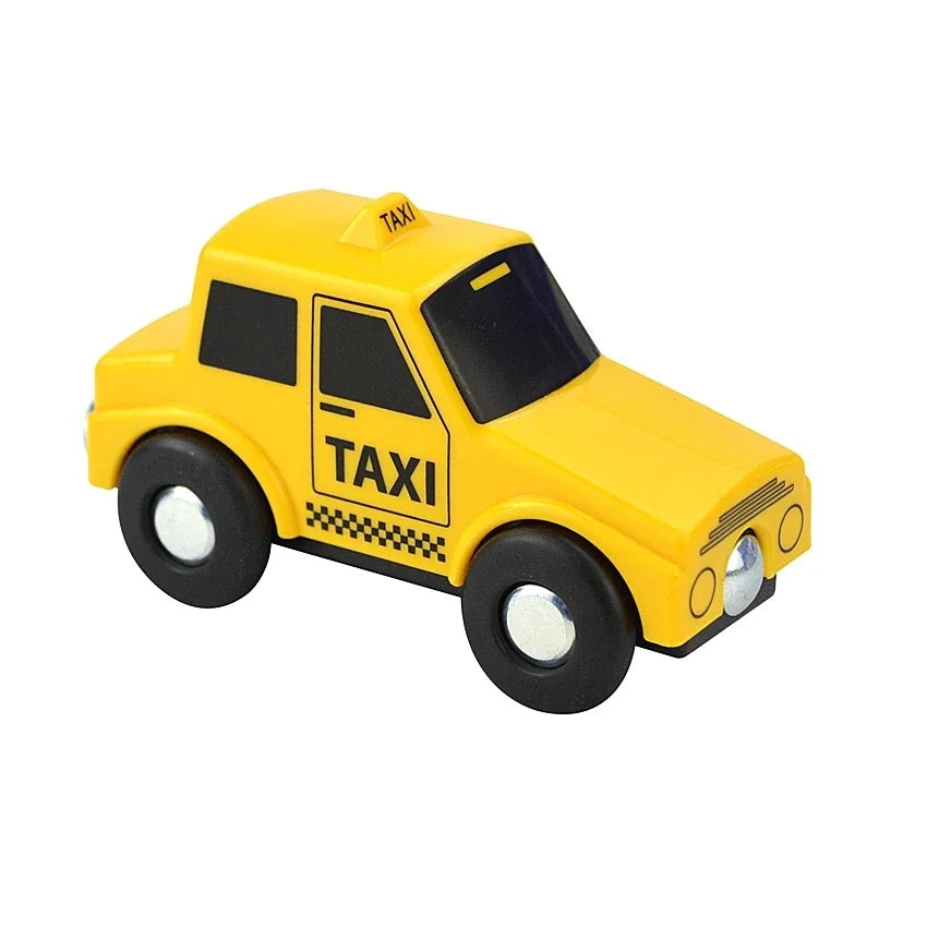 A yellow wooden magnetic taxi train car with black accents and checkered markings.